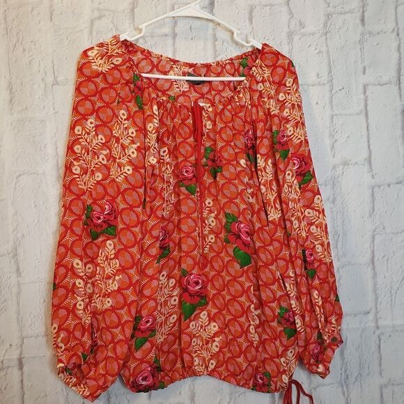 BENARES Red Rose Peasant Blouse Small - Picture 1 of 9
